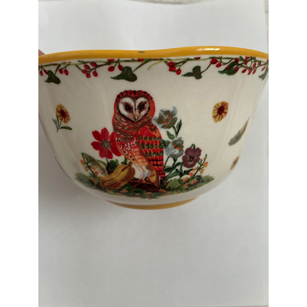 Nathalie Lete Anthropologie Owl Ceramic Bowl Woodland Floral Berry Vine